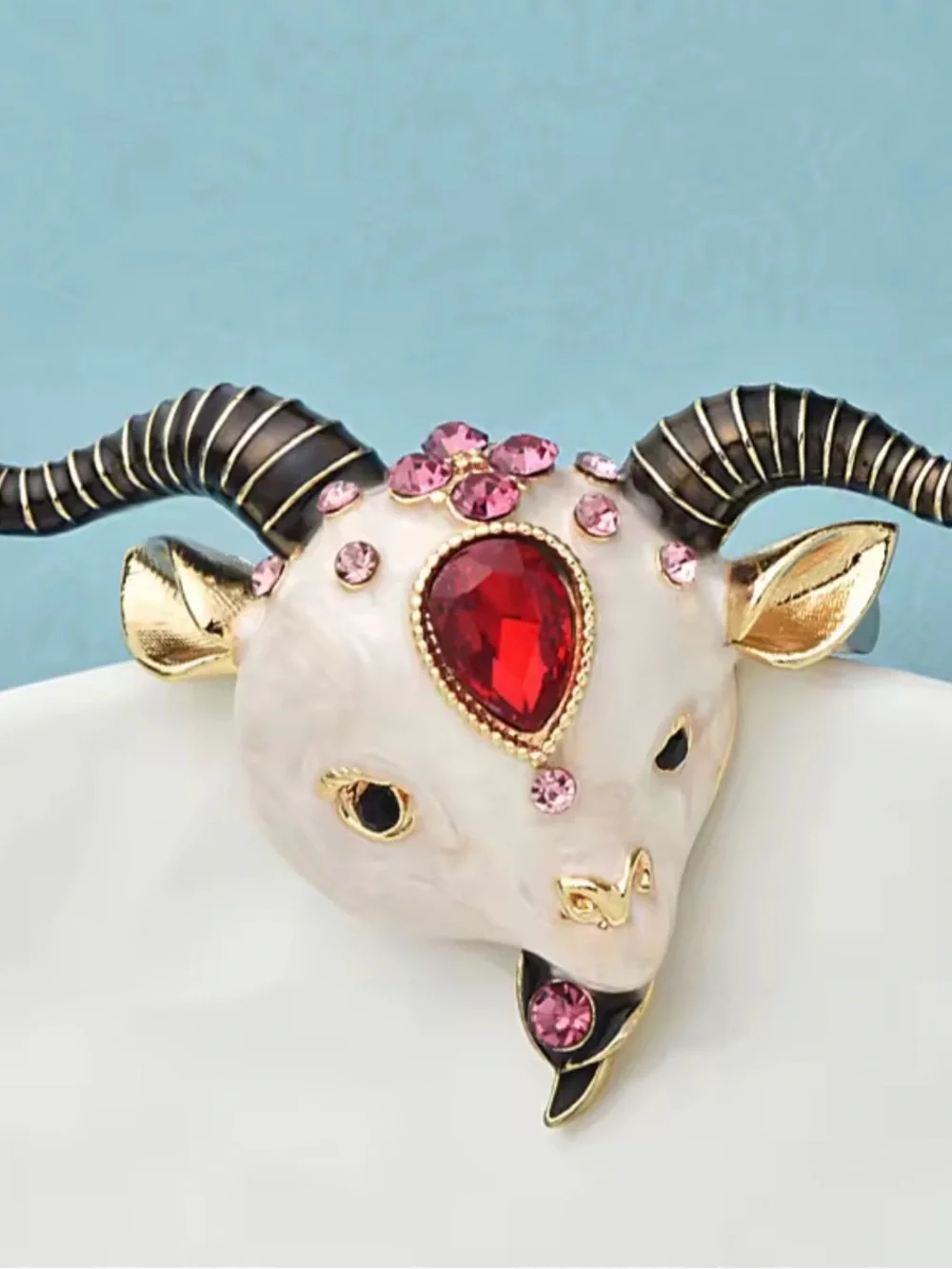 Luxury Ram Goat Head Red Ruby Crystal Brooch